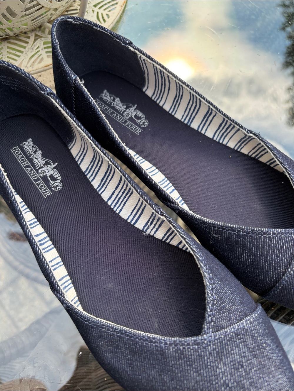 Coach and Four Navy Denim-Style Slip-On Flats with Striped Trim
